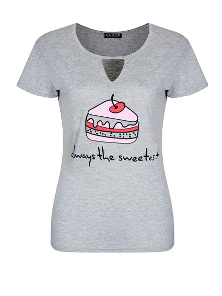 Casual Cake Letters Printed Round Neck Keyhole Short Sleeve T-Shirt