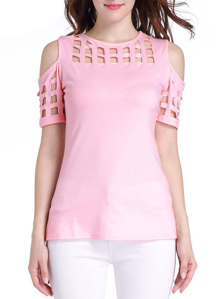 Casual Designed Solid Open Shoulder Hollow Out Short Sleeve T-Shirt