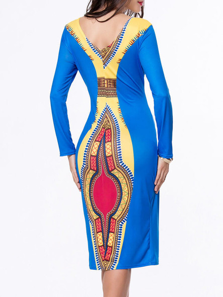 Casual Boat Neck Color Block Tribal Printed Bodycon Dress