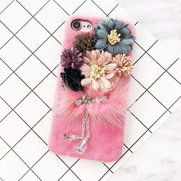 Flower Plush Mink Fur Case For iPhone 6s 6 7 8 Plus