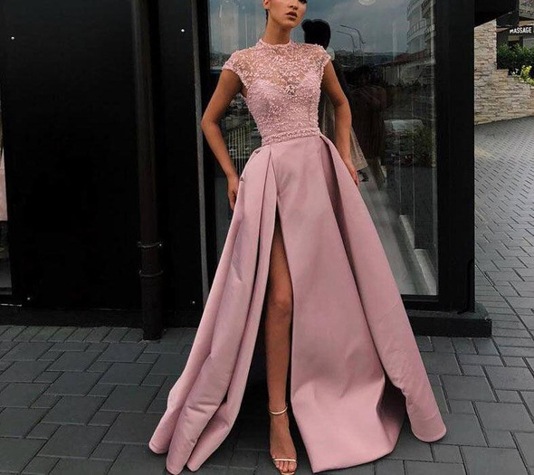 Satin Lace Beaded Evening Prom Dress