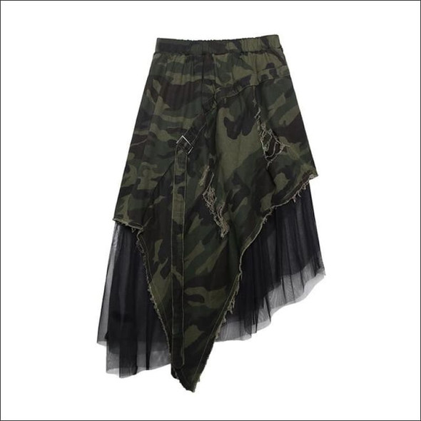 Irregular hem  Camouflage Skirt with Tulle
