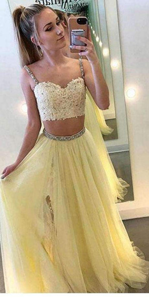 Chic Two Pieces Sweetheart Tulle Floor Length Prom Dress P645