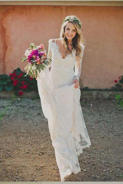 Simple V Neck Lace Appliques Long Wedding Dress With Long Sleeves W475