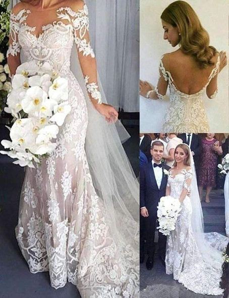 Mermaid Long Sleeves Sweep Train With Lace Appliques Backless Wedding Dresses W462