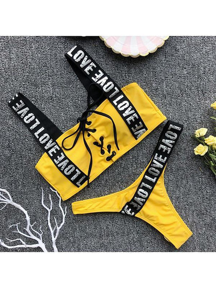 Sexy 6 Colors Spaghetti Strap Drawstring Letters Beach Bikini