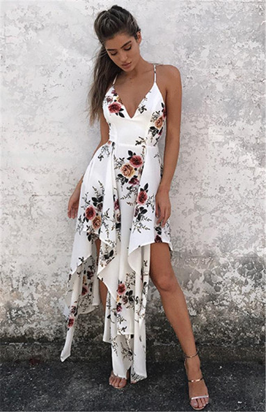 Sexy Floral Print Spaghetti Strap V Neck Backless Irregular Beach Maxi Dress