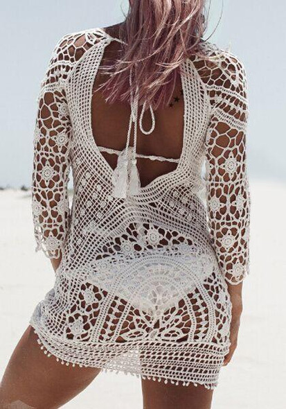 Sexy Long-sleeved Backless Lace Blouse Bikini Mini Cover-ups