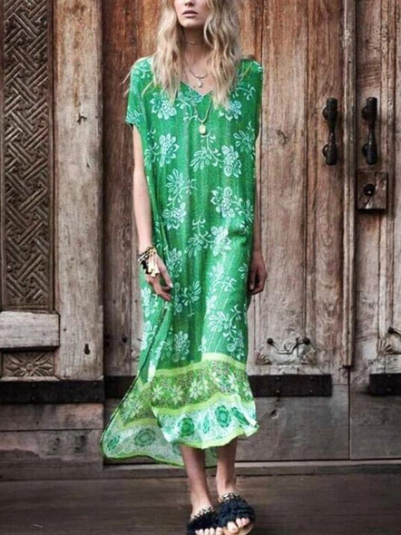 Human Cotton Positioning Printing Green V-Neck Bikini Blouse Midi Dress