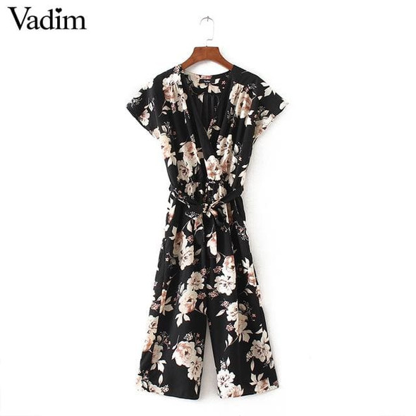 Vadim women vintage V neck floral jumpsuits wide leg pants sashes pleated elastic waist rompers