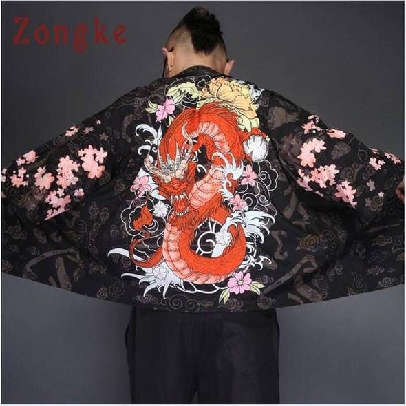 Zongke Japanese Kimono Cardigan Men Dragon Print Long Kimono Cardigan Men Black Mens Kimono Cardigan