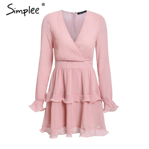 Simplee Elegant pleated chiffon women dress summer 2019 Long sleeve v neck ruffles white dresses Casual mini dress vestidos