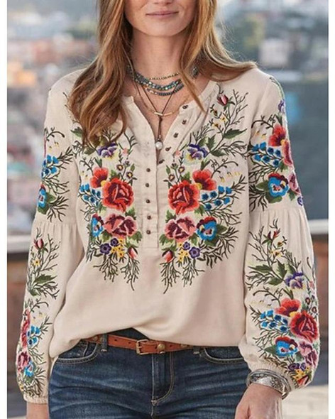 Women's Blouse Shirt Floral Flower Long Sleeve V Neck Tops Loose Basic Top Blue Yellow Blushing Pink-812