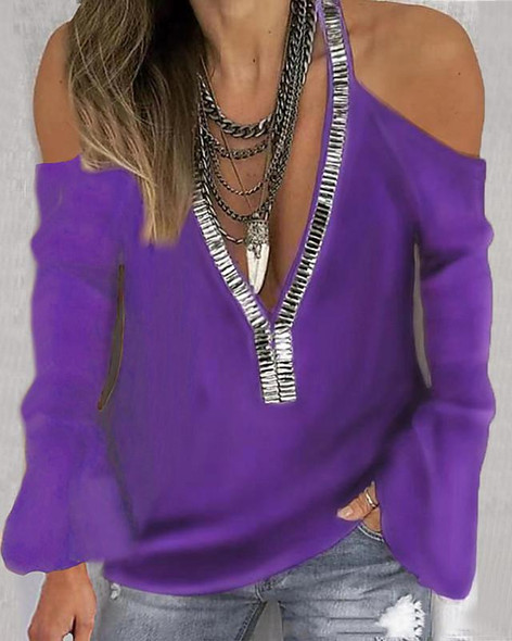Women's T-shirt Solid Colored Plain Long Sleeve V Neck Tops Basic Top Purple-0207828