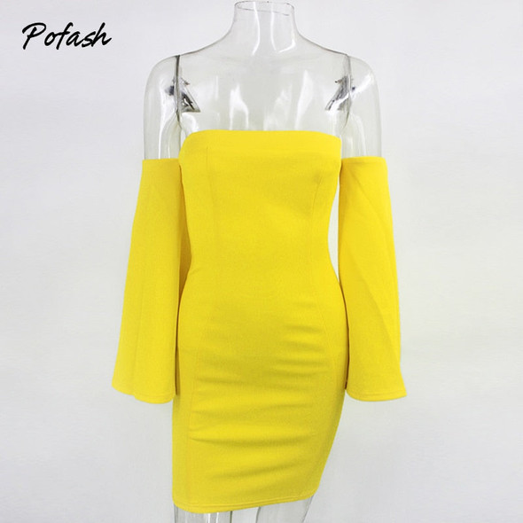 Pofash Off Shoulder Solid Mini Dress Women Sexy Backless Split Long Flare Sleeves Autumn Dresses Club Party Bodycon Dresses 2020