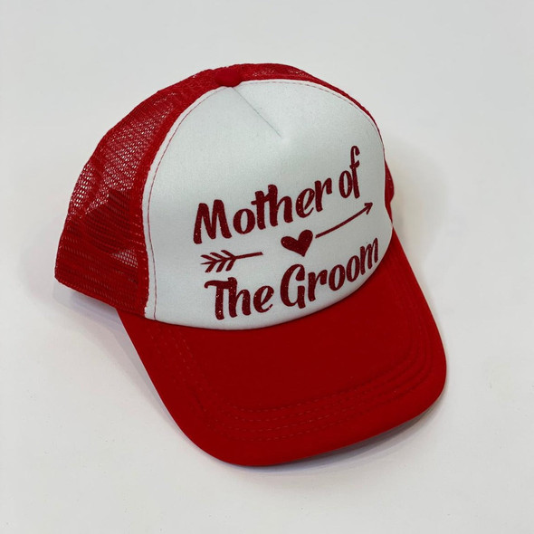 Sample Sale - Red/White Trucker Hats, "Mother of the Groom", in Red Glitter