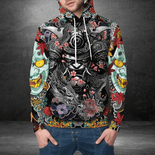 Samurai And Dragon Tattoo Unisex All Over Printed Hoodie