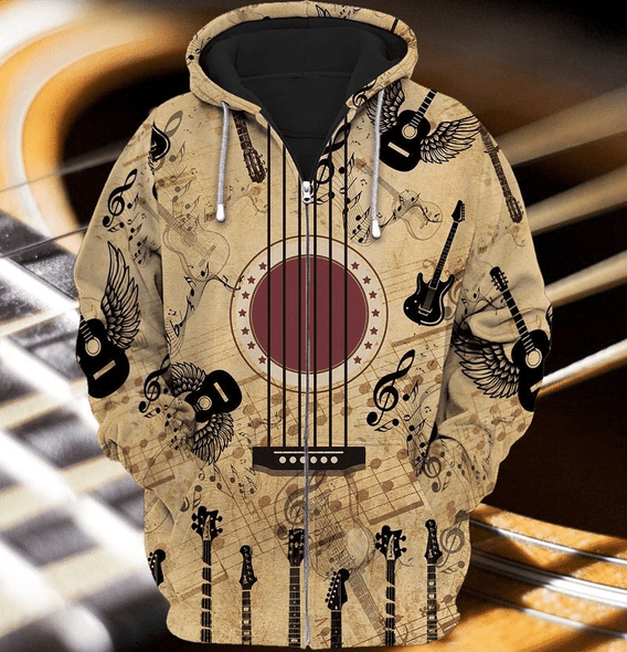 Vintage Guitar Style 3D Printed Music Lovers Zipper Hoodie