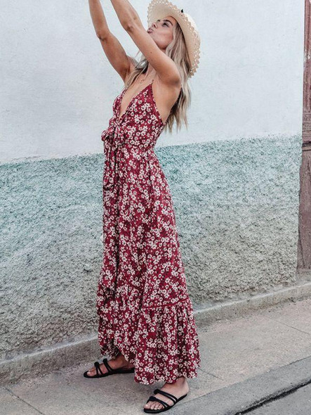 Print Long Bohemian V-Neck Sling Big Swing Dress