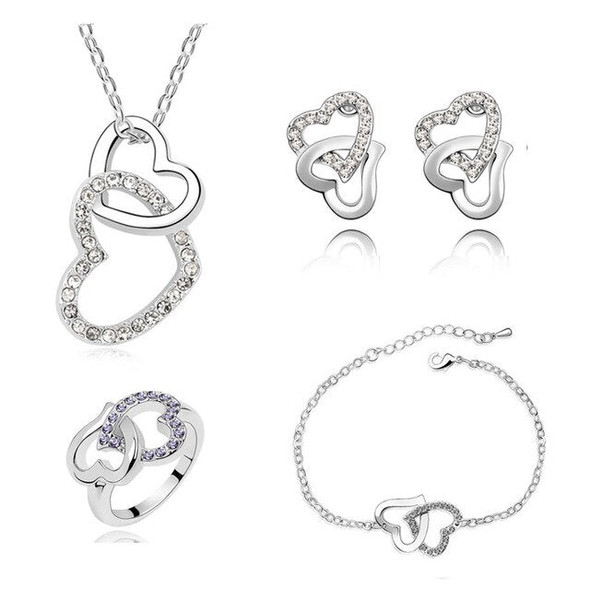 Rhinestone Double Heart Necklace, Bracelet, Earrings & Ring Fashion Jewelry Set