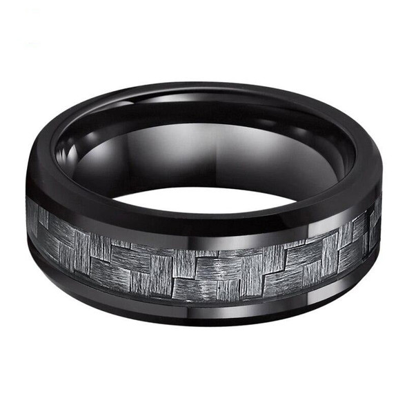 8MM Black Titanium Men's Wedding Band Ring with Wide Gray Carbon Fiber Inlay, Comfort Fit