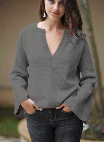 Women V Neck Solid Color Knit Loose Sweater