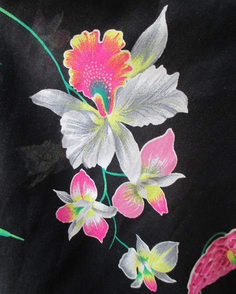 Vintage 70's 80's Black Hawaiian Rayon Blouse Top Pink Orchids NOS L