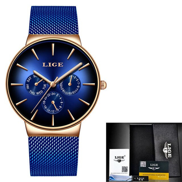 LIGE New Fashion Women Watches Ladies Top Brand Luxury Creative Dial Sport Quartz Watch For Women Blue Waterproof Bracelet Watch