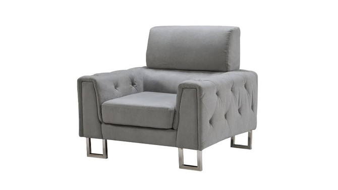 Fabric Upholstered Wooden Chair with Tufted Armrest and Steel Legs, Gray