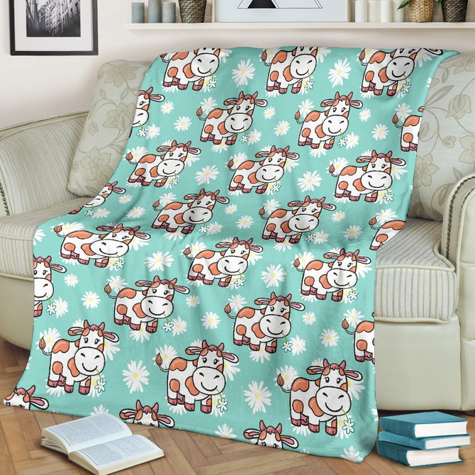 Cartoon Cow And Daisy Flower Print Blanket KTSR