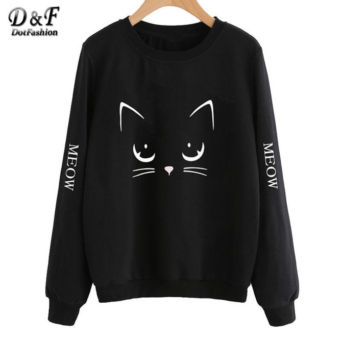 Dotfashion Cat Print Front Sweatshirt 2017 Black Round Neck Long Sleeve Pullovers Autumn Woman Cute Casual Sweatshirt