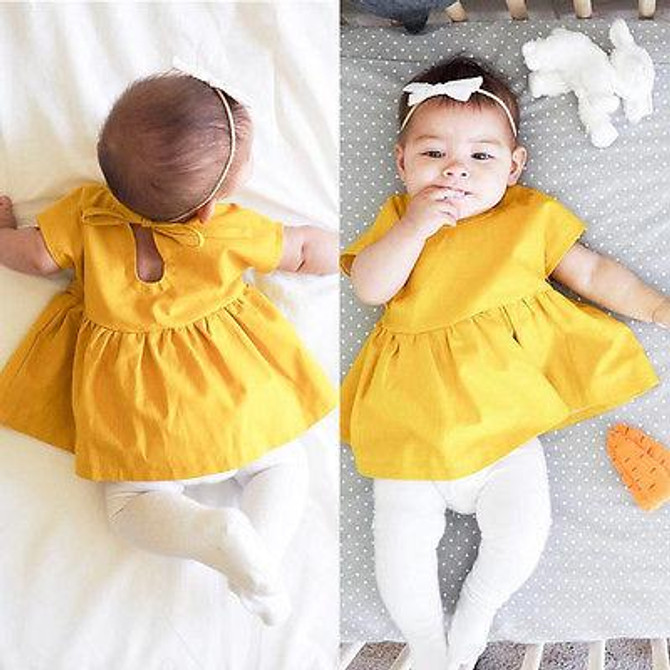 Newborn Toddler Baby Girl Princess Short Sleeve Yellow Dress Mini Tutu Dress Party Wedding Pageant Clothes