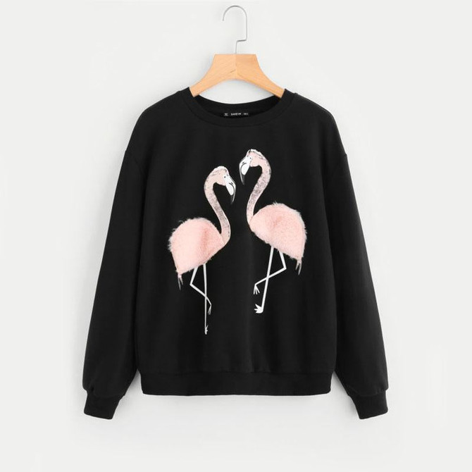 ROMWE Female Faux Fur Flamingo Sweatshirt Autumn Long Sleeve Pullover 2017 Woman Black Round Neck Casual Sweatshirt