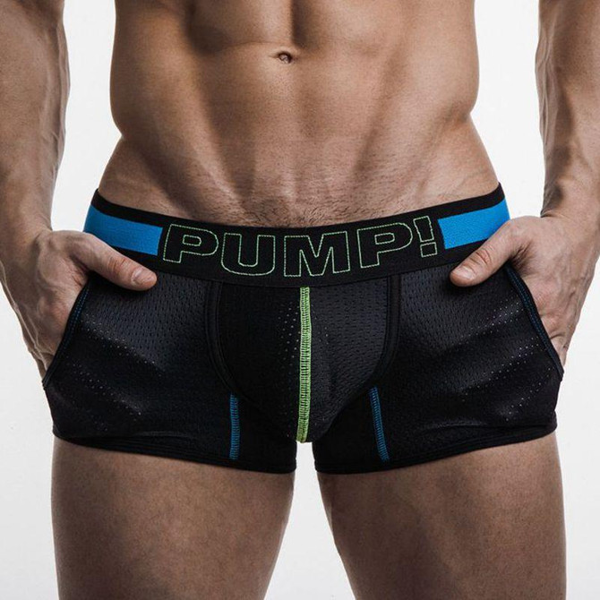 PUMP! Brand mens underwear boxers Mesh Pockets Men Boxer shorts Cotton Body Trunks Sexy mesh Gay Penis pouch Mesh Cup panties