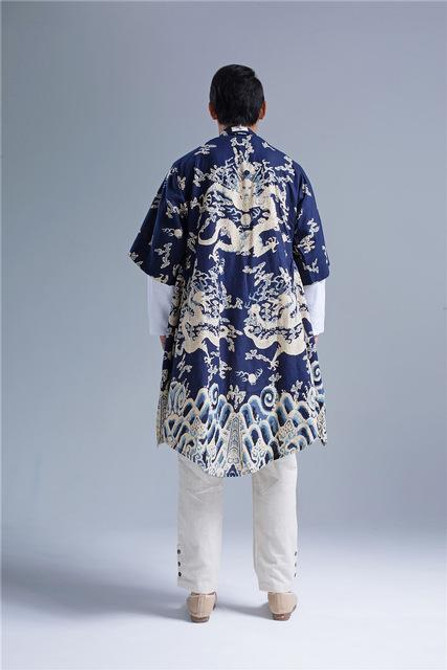 Chinese style men's trench windbreaker coat printed cotton linen belt cardigan men summer clothing long overcoat