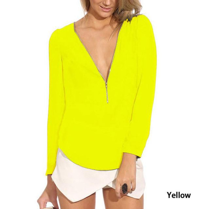 2016 6 Color Solid Autumn V Neck Long Sleeve Zipper Sexy Chiffon Blouses Women Work Wear Blusas Femininas Tops