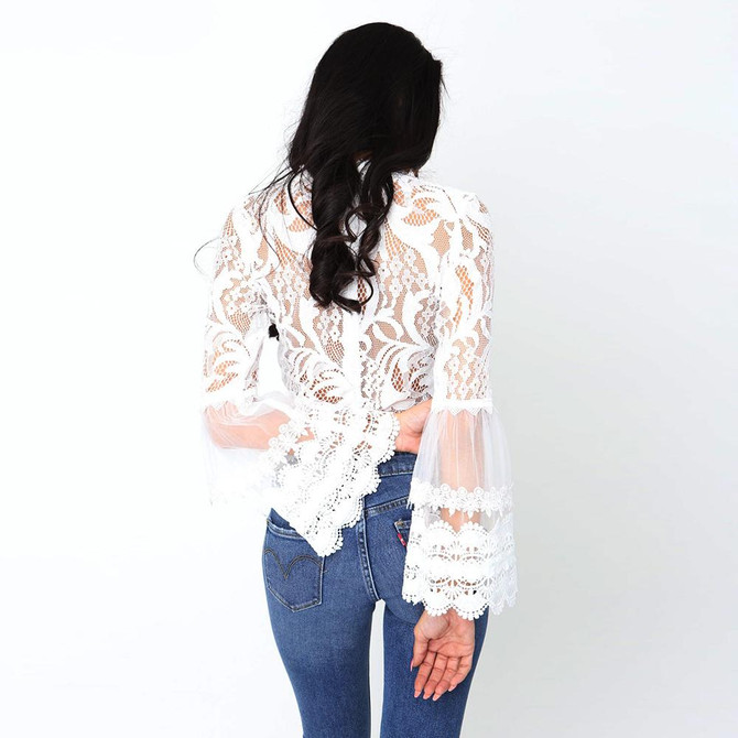 2018 fashion summer Boho mini blouse long puff sleeve crop tops sexy perspective o-neck white Lace blouses ladies casual shirts