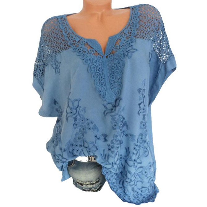 Laamei Women Lace Patchwork Blouse Shirt Casual Tops Sexy Short Sleeve White Blouse Ladies Summer Hollow Out Elegant Blouses