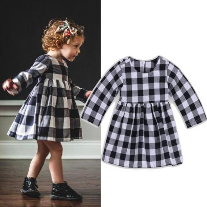 Kids Newborn Toddler Baby Girl Princess Dress Plaid Long Sleeve Pageant Wedding Party Mini Dress Gray 0-24M