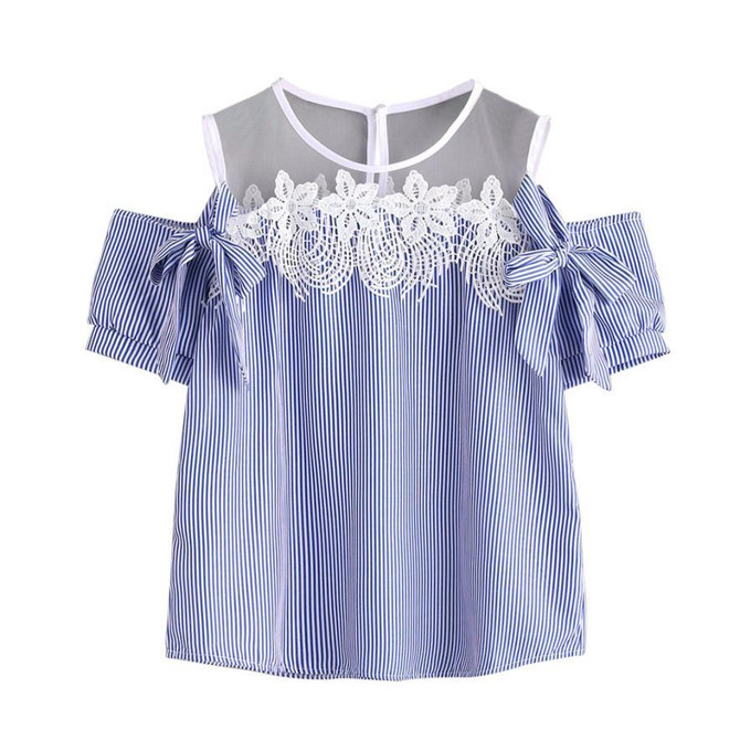 Feitong Summer Women Blouses Sexy Short Sleeve Cold Shoulder Lace Splice Striped Blouse Casual Tops Blouse Shirt Blusas feminina