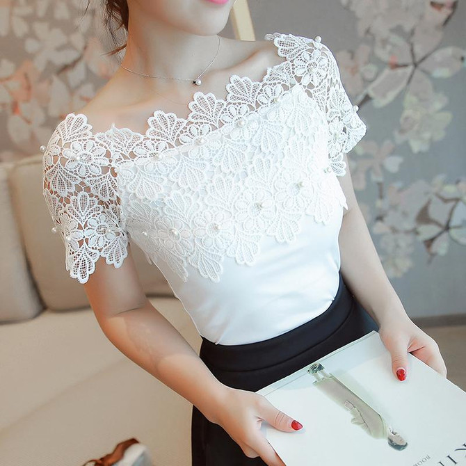 Hollow Out Women Sexy Short Sleeve Blouse Ladies Fashion Elegant Blouses Women Lace Patchwork Blouse Shirt Casual Women Top 80F