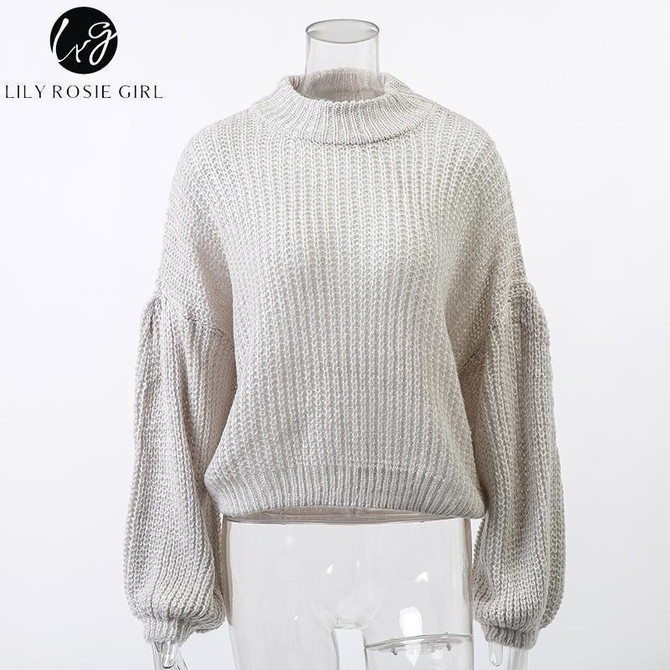 Elegant Red Lantern Sleeve Knitted Sweater for Women - Lily Rosie