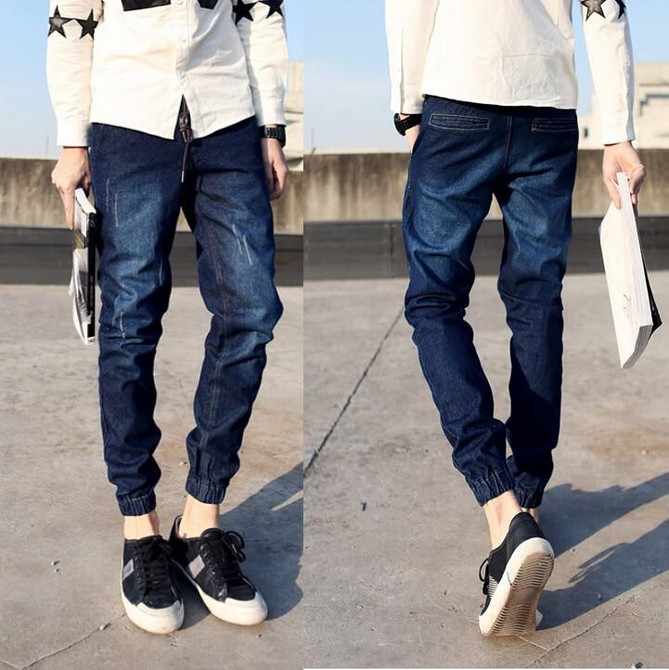 New Desige Drawstring Mens Joggers Pant Stylish Denim Mid Waist Men Jogger Pants Light Dark Blue Trousers Plus Size S-3XL Sale