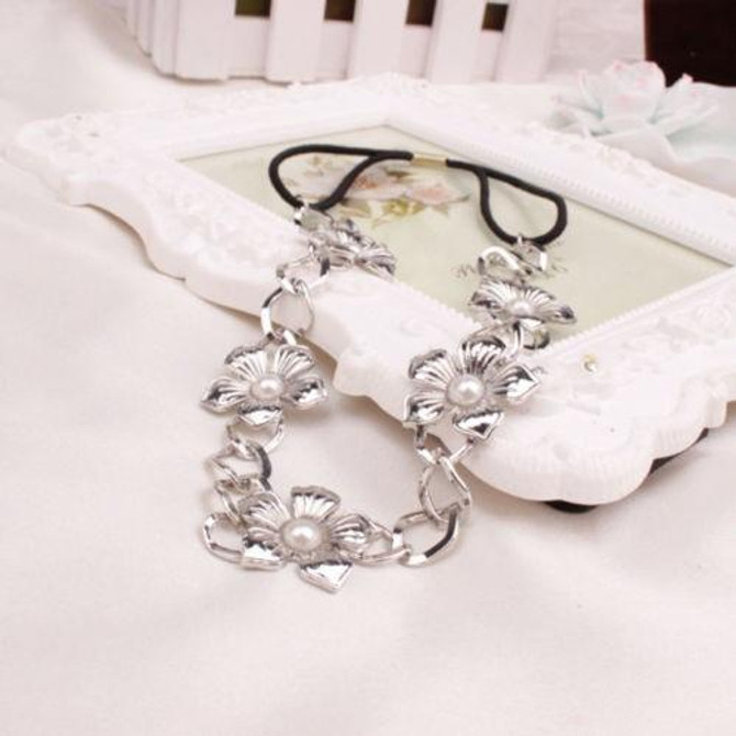 2017 Fashion Newest Trendy Women Metal Head Chain Pearl Flower Elastic Hair Band Headband Hair Band Accessories