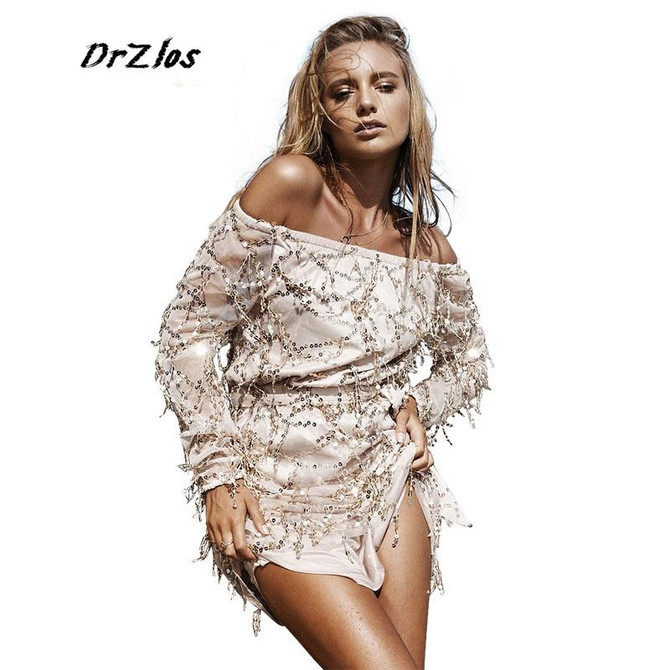 MOARCHO Sexy off shoulder sequin tassel summer 2016 beach party short dress Women backless vintage vestidos