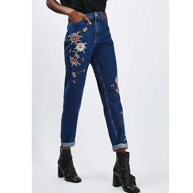 Fashion 2017 American Women High Waist Jeans  Floral Embroidery skinny Woman Blue Denim Pants  Pencil Jeans XCWM6105