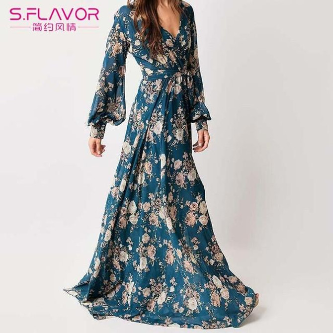 S.FLAVOR 2017 Sexy Summer Women Chiffon Boho Maxi Dress Long Sleeve Party Long Dress Slim Vintage Vestidos vestido de festa