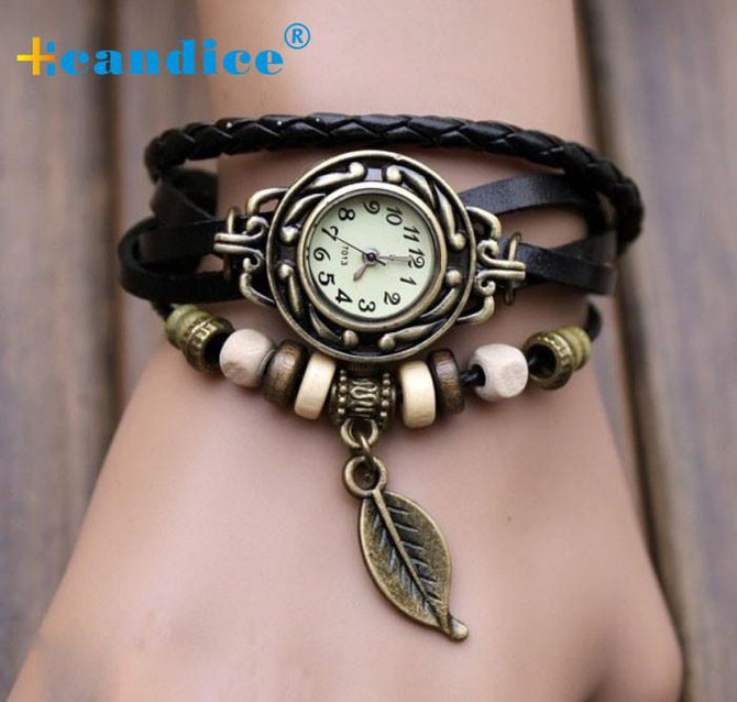 2017 Hotsale Fashion 1PC Womens Bracelet Vintage Weave Wrap Quartz Leather Leaf Beads Wrist Watches Drop Shipping Fabulous