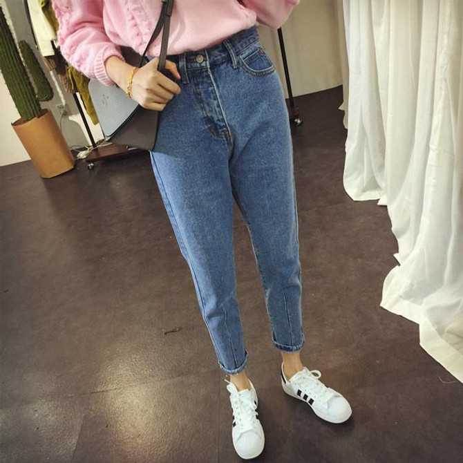 2016 Stylish Women Boyfriend BF Jeans Stretch Denim Trousers Ladies High Waisted Vintage Slim Pencil Jeans Pants Female