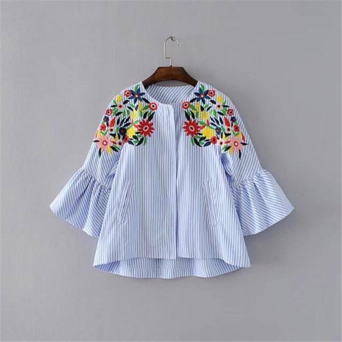 OMCHIONBlusas Mujer De Moda 2017 O Neck Floral Embroidery Blouse Long Sleeve Blue Striped Women Shirt Casual Summer Tops TS149